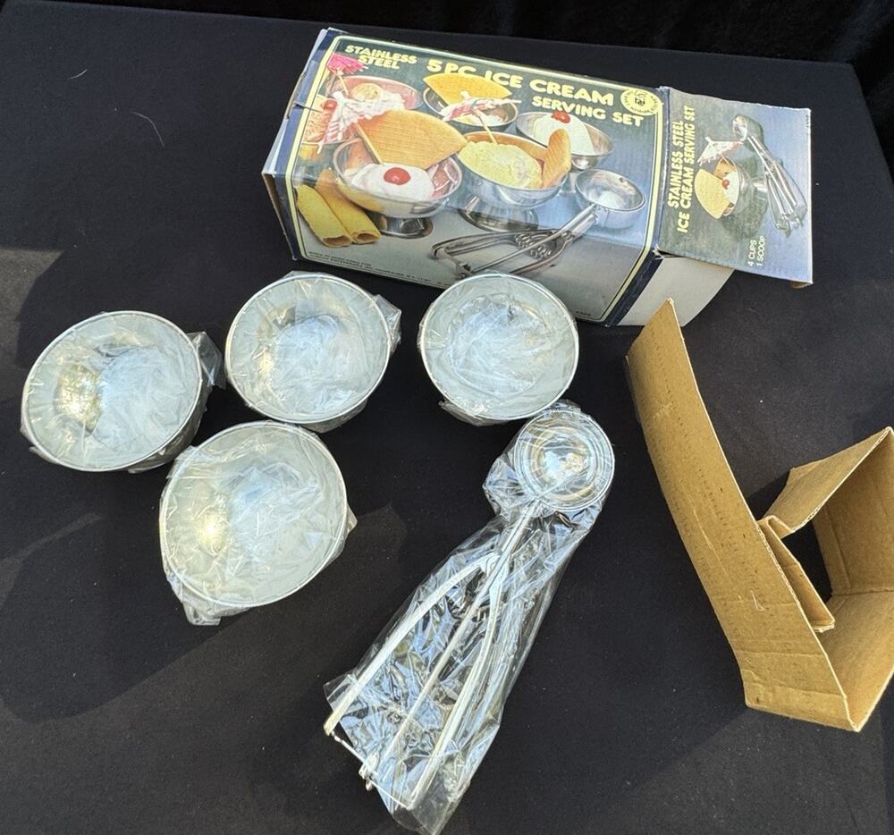New VTG MidCentury Retro 5pc Ice Cream Stainless Steel Serving Set Nostalgia